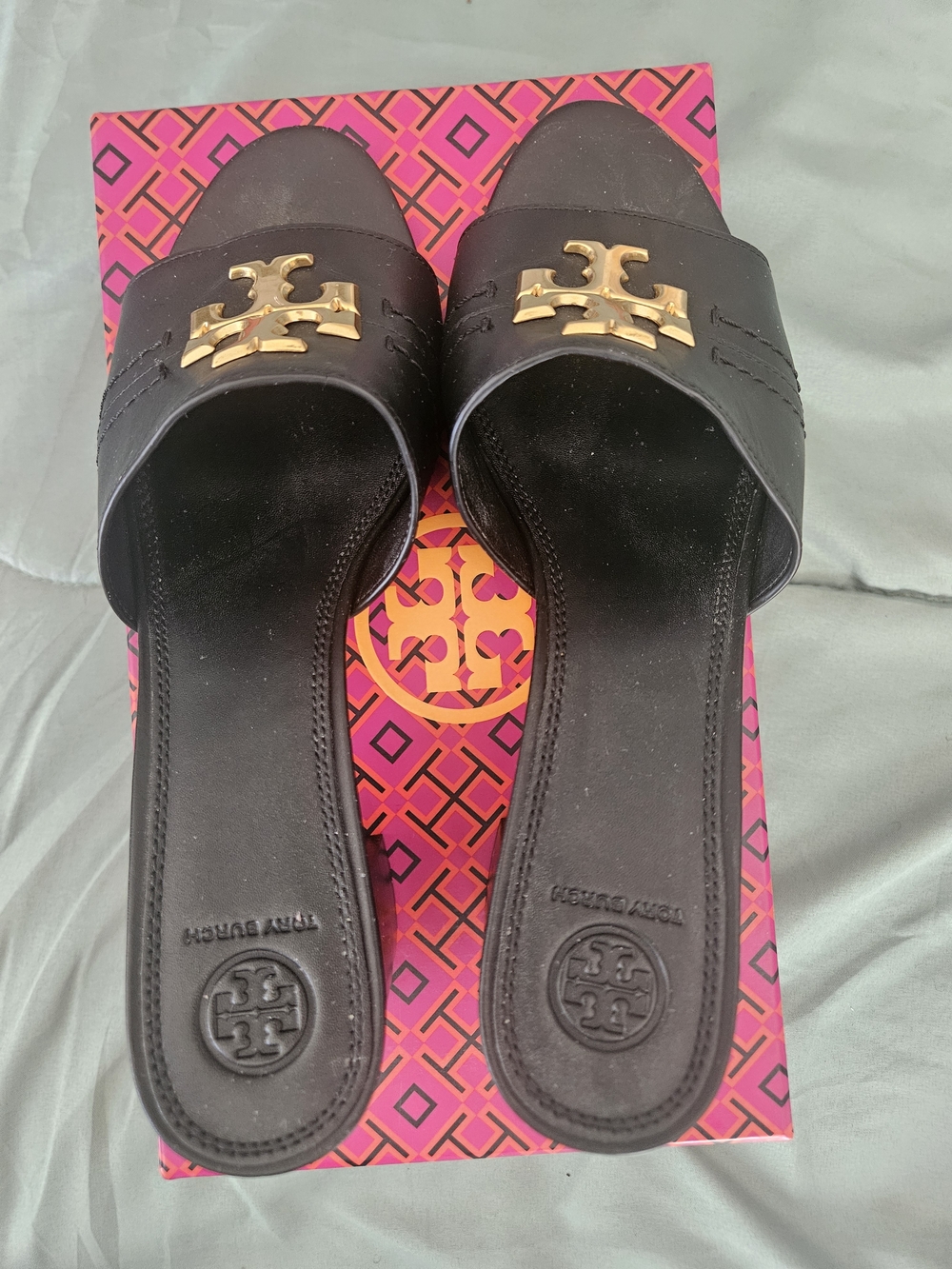 Tory Burch Black Leather Slide Mules with Gold Logo